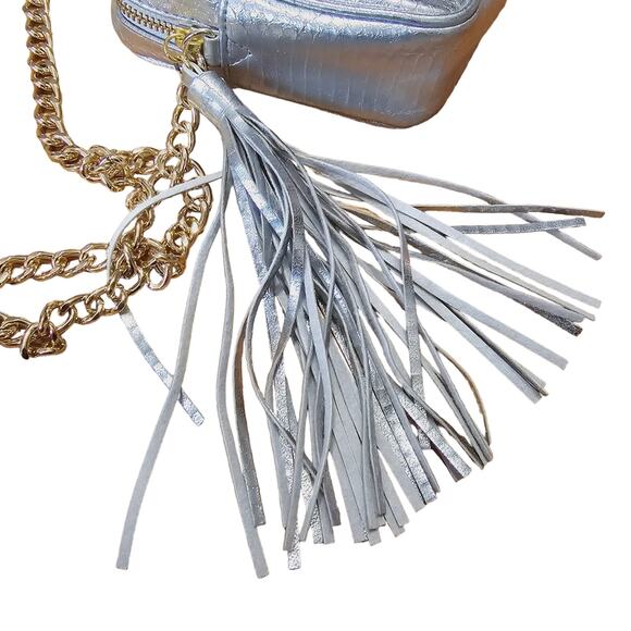 Victoria's Secret Metallic Silver Faux Snake Skin Crossbody Gold Chain Purse - Picture 6 of 14